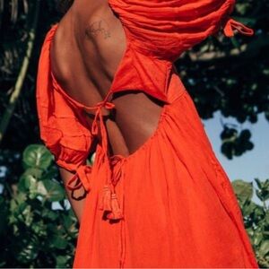 Free People Black Lets Be Friends Drawstring Waist Puff Sleeve Midi Dress Small